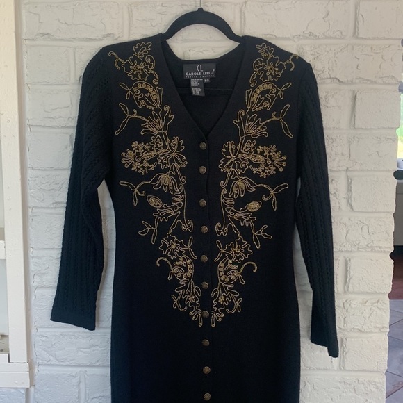 CAROLE Little Vintage Black with Gold Floral Embroidery Sweater Dress - Picture 2 of 6